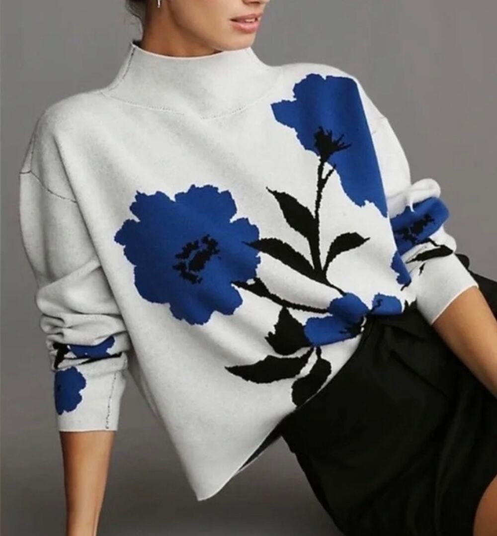 NWOT Philosophy Royal Blue Floral Mockneck Statement Art To Wear Sweater XL